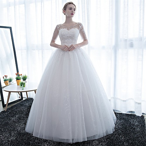 

Ball Gown Wedding Dresses Scoop Neck Floor Length Satin Lace Over Tulle Half Sleeve Simple Backless with Lace 2021