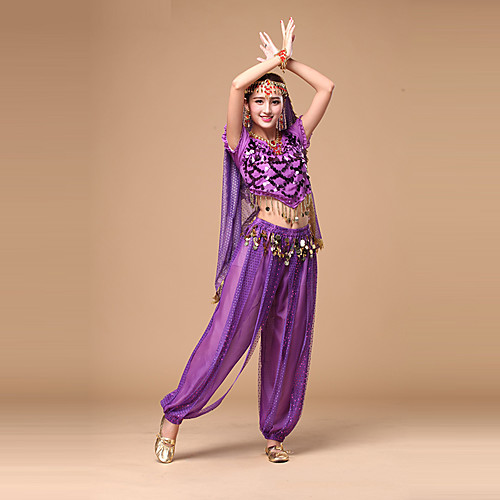 

Belly Dance Outfits Women's Performance Chiffon Sequin Short Sleeve Natural Top Pants Headwear