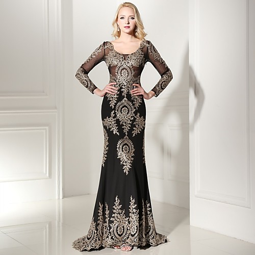 

Sheath / Column Elegant Formal Evening Black Tie Gala Dress Scoop Neck Long Sleeve Sweep / Brush Train Jersey with Appliques 2021