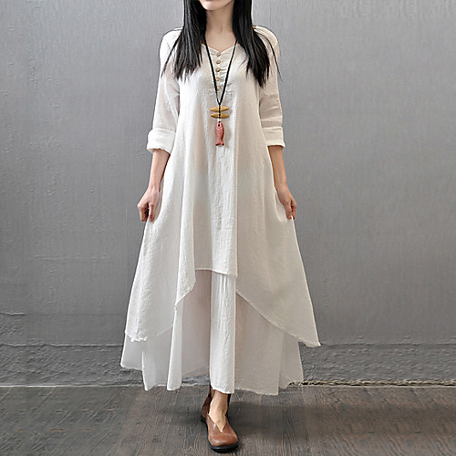

Women's Plus Size Maxi long Dress White A-Line Dress - Long Sleeve Solid Colored Layered Spring Summer Chinoiserie Daily Casual Loose White Yellow Red M L XL XXL XXXL XXXXL XXXXXL / Cotton