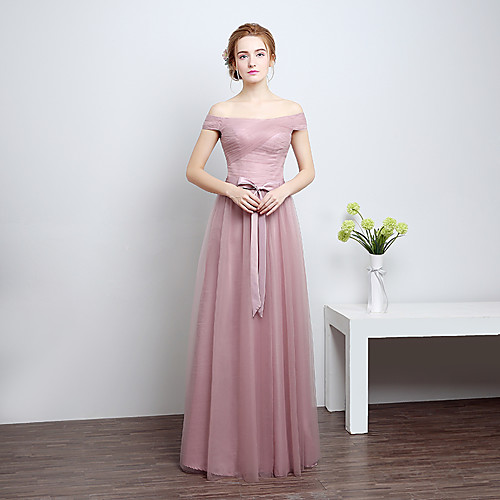 

Sheath / Column Off Shoulder Floor Length Satin / Tulle Bridesmaid Dress with Bow(s)