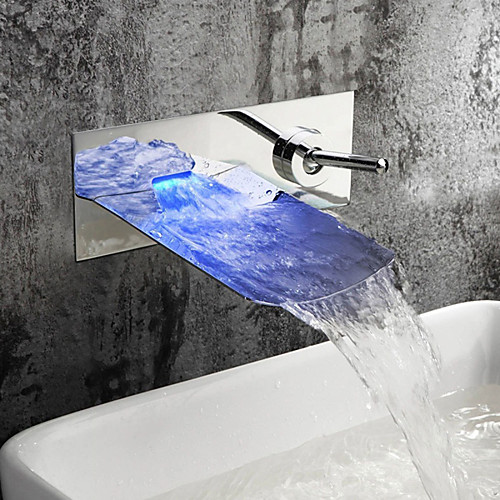 

Contemporary Wall Mounted Waterfall LED Ceramic Valve Two Holes Single Handle Two Holes Chrome , Bathroom Sink Faucet