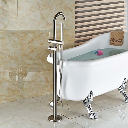 

Bathtub Faucet Contemporary Nickel Brushed Floor Standing Ceramic Valve Bath Shower Mixer Taps Widespread Adjustable to Cold/Hot Water