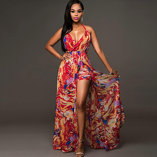 

Women's Plus Size Beach Halter Neck Boho / Beach Red Light Blue Jumpsuit Print Backless