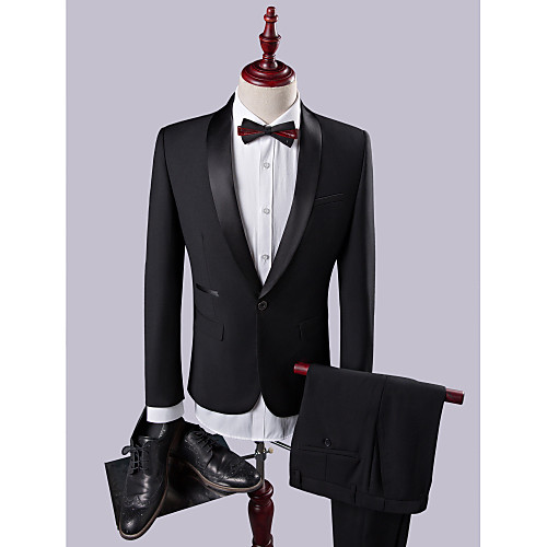 

Black Solid Colored Slim Fit Viscose / Polyester Suit - Shawl Collar Single Breasted One-button