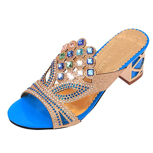 

Women's Glitter Crystal Sequined Jeweled Chunky Heel Crystal Leatherette Summer Golden / Blue / Royal Blue / EU41