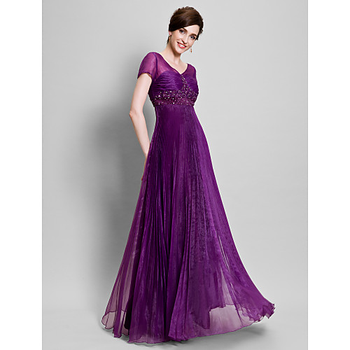 

A-Line Mother of the Bride Dress See Through V Neck Floor Length Organza Short Sleeve with Pleats Ruched Beading 2021