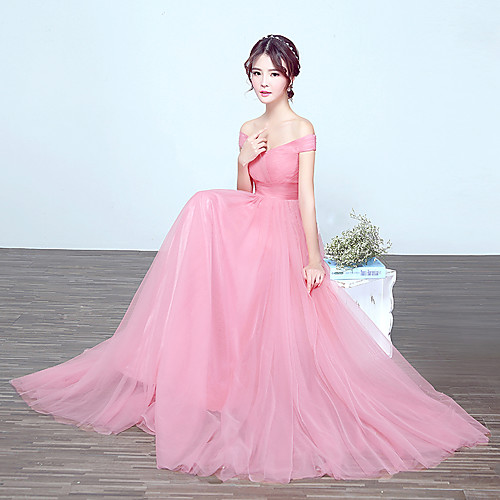 

A-Line Off Shoulder Floor Length Tulle Bridesmaid Dress with Draping