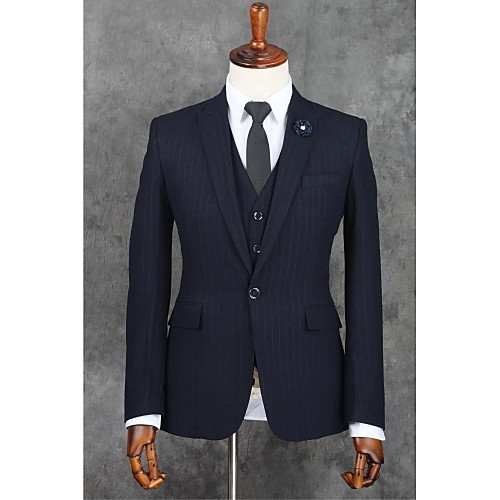 

Dark Blue Stripes Slim Fit Polyester Suit - Notch Single Breasted One-button