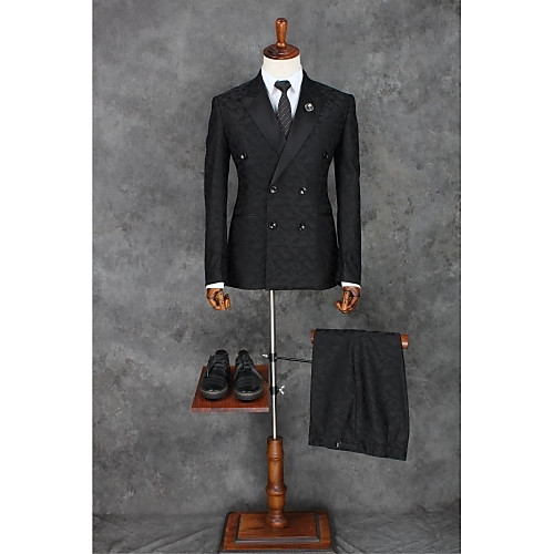 

Black Pattern Slim Fit Polyester Suit - Notch Double Breasted Two-buttons / Pattern / Print / Suits