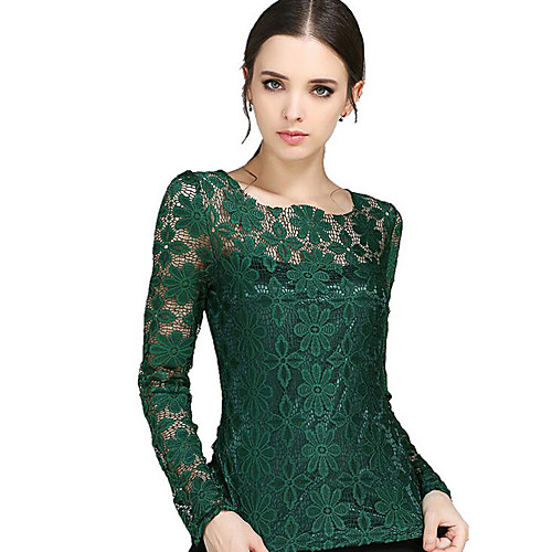 

Women's T shirt Patchwork Plus Size Lace Long Sleeve Going out Tops Streetwear Wine White Black