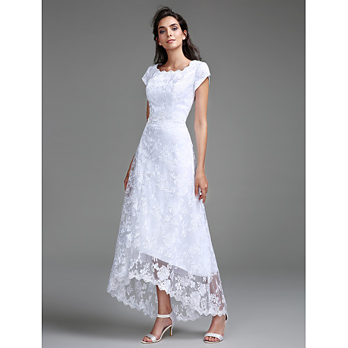 

Sheath / Column Wedding Dresses Jewel Neck Asymmetrical All Over Lace Cap Sleeve Casual Little White Dress with Lace 2021