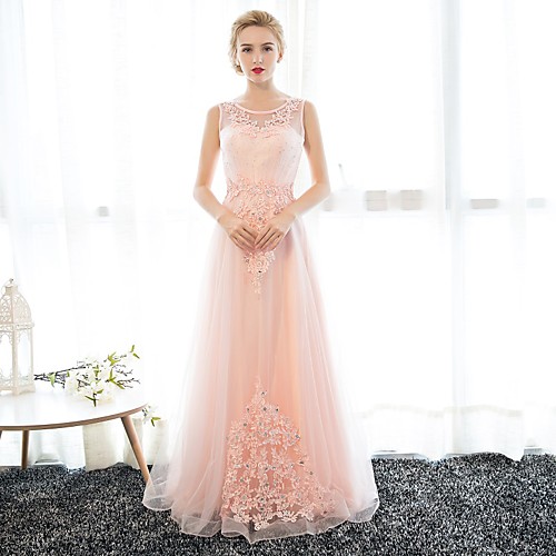 

Sheath / Column Sparkle & Shine Prom Formal Evening Dress Illusion Neck Sleeveless Floor Length Satin Tulle with Crystals Appliques 2021