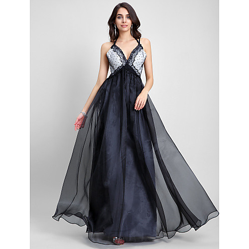 

A-Line Celebrity Style Prom Formal Evening Dress Spaghetti Strap Sleeveless Floor Length Organza with Lace 2021