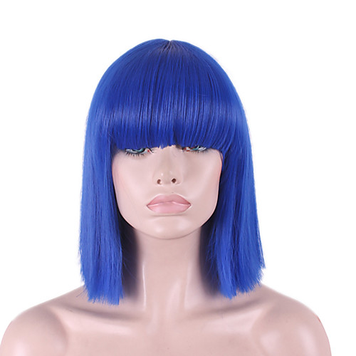 

Synthetic Wig Straight Yaki Straight Yaki Bob With Bangs Wig Medium Length Synthetic Hair Women's Natural Hairline Blue
