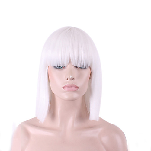 

Synthetic Wig Cosplay Wig Straight Yaki Straight Yaki Bob With Bangs Wig Medium Length White Synthetic Hair Women's Natural Hairline White