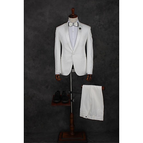 

White Solid Colored Tailored Fit Polyester Suit - Notch Single Breasted One-button