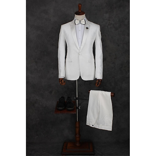 

White Pattern Tailored Fit Polyester Suit - Peak Single Breasted One-button / Suits