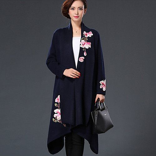 

Women's Coat Solid Colored Embroidered Chinoiserie Coat Daily Coat Tops Black