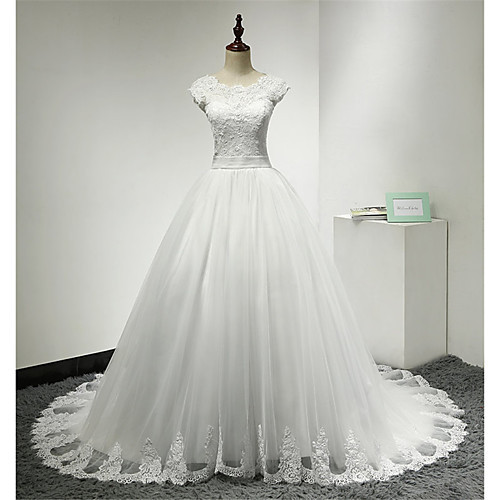 

Ball Gown Wedding Dresses Scoop Neck Chapel Train Lace Over Tulle Cap Sleeve Glamorous Illusion Detail with Lace Sash / Ribbon Ruffle 2021
