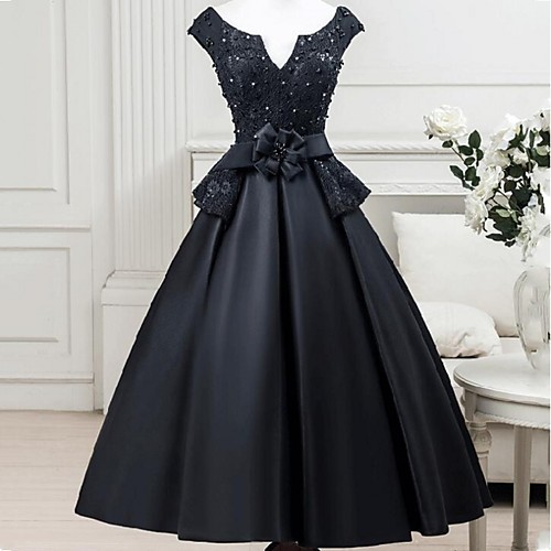 

Ball Gown Little Black Dress Cocktail Party Formal Evening Dress Notched Sleeveless Tea Length Satin Beaded Lace with Sash / Ribbon Flower 2021
