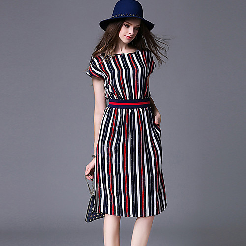 

Women's A Line Dress Knee Length Dress Blue Short Sleeve Striped All Seasons Round Neck Vintage Streetwear Sophisticated Party Holiday Going out Cotton S M L XL