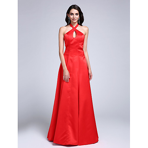 

A-Line Keyhole Prom Formal Evening Dress Halter Neck Sleeveless Sweep / Brush Train Satin with Pleats 2021