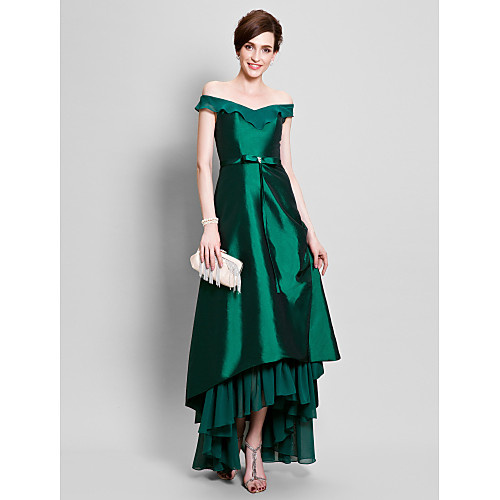 

A-Line Mother of the Bride Dress Elegant Off Shoulder Asymmetrical Chiffon Taffeta Short Sleeve with Pick Up Skirt Bow(s) Beading 2021