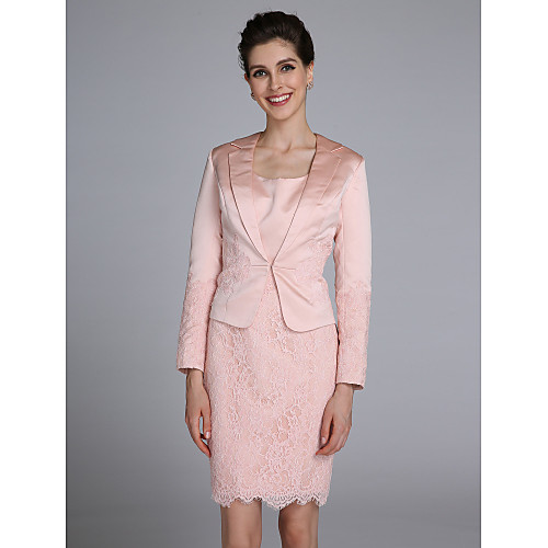 

Mermaid / Trumpet Mother of the Bride Dress Convertible Dress Scoop Neck Short / Mini Lace Satin Long Sleeve with Lace Appliques 2021