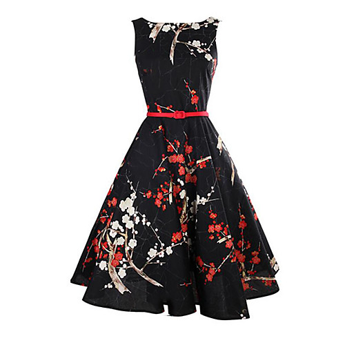 

Women's Sheath Dress Knee Length Dress Black Sleeveless Black Floral Print Summer Round Neck Vintage S M L XL XXL