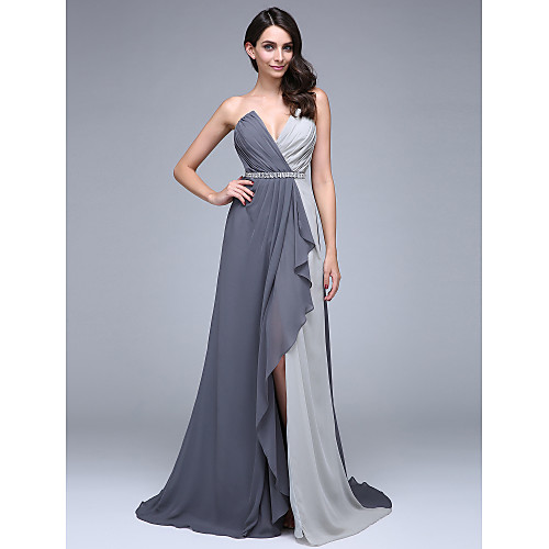

A-Line Color Block Formal Evening Dress V Neck Sleeveless Court Train Chiffon with Criss Cross Crystals Beading 2021