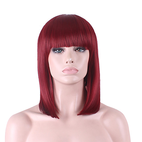 

Synthetic Wig Straight Yaki Straight Yaki Bob With Bangs Wig Burgundy Medium Length Synthetic Hair Women's Natural Hairline Burgundy