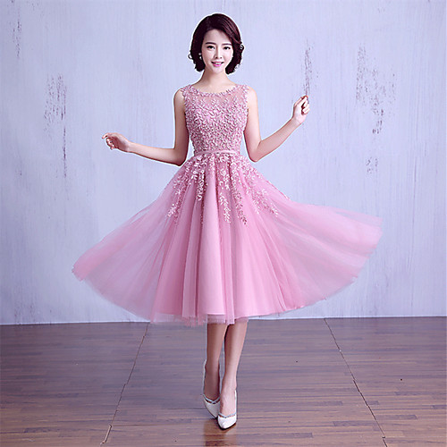 

Ball Gown Jewel Neck Tea Length Satin / Lace Over Tulle Bridesmaid Dress with Lace / Sash / Ribbon / Beading