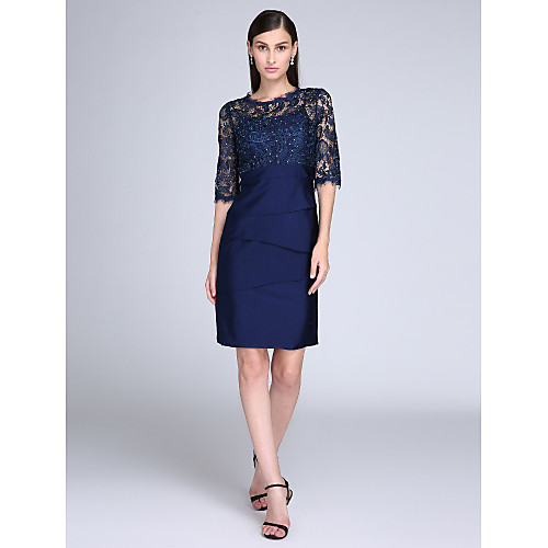 

Sheath / Column Homecoming Cocktail Party Dress Illusion Neck Half Sleeve Knee Length Lace Jersey with Lace 2021