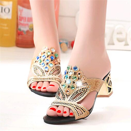 

Women's Glitter Crystal Sequined Jeweled Chunky Heel Crystal Leatherette Summer Golden / Blue / Royal Blue / EU41