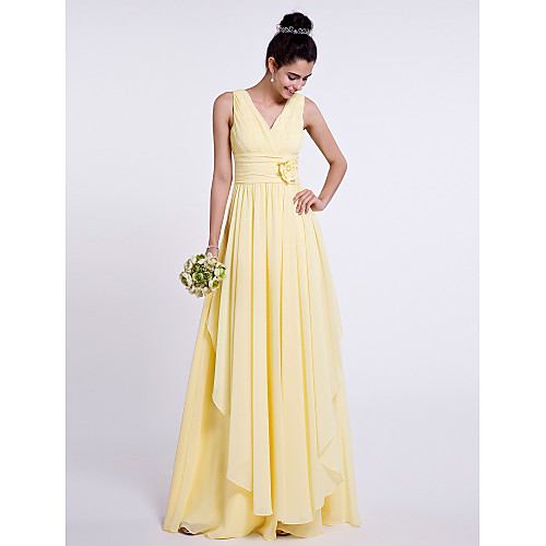 

Sheath / Column V Neck Floor Length Chiffon Bridesmaid Dress with Criss Cross / Side Draping / Flower