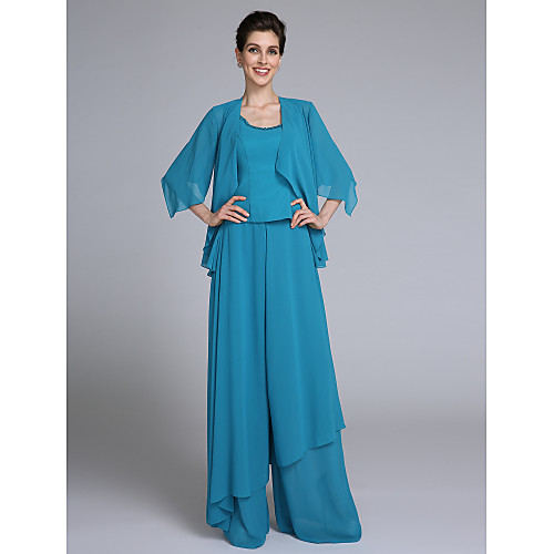 

Jumpsuits Sheath / Column Mother of the Bride Dress Convertible Dress Jumpsuits Scoop Neck Floor Length Chiffon Half Sleeve with Beading Sequin 2021