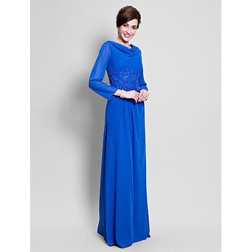 

Sheath / Column Mother of the Bride Dress Vintage Inspired Cowl Neck Floor Length Chiffon Long Sleeve with Appliques 2021