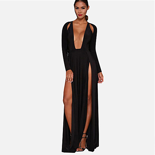 

Women's Swing Dress Maxi long Dress White Black Red Long Sleeve Black Solid Colored Split Summer Deep V S M L XL