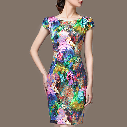 

Women's Sheath Dress Short Mini Dress Rainbow Short Sleeve Floral Print Fall Spring Round Neck Sophisticated S M L XL XXL 3XL 4XL / Plus Size