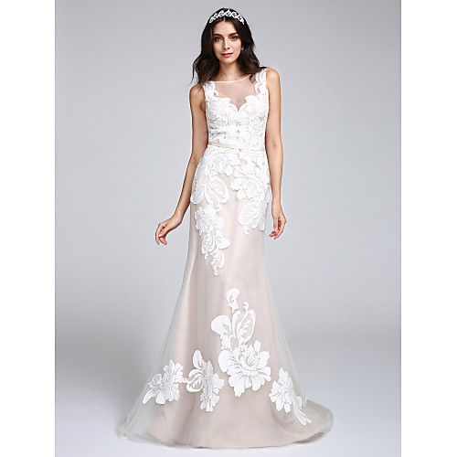 

Mermaid / Trumpet Wedding Dresses Bateau Neck Sweep / Brush Train Tulle Floral Lace Regular Straps Romantic Boho Sexy See-Through Illusion Detail with Appliques Button 2021