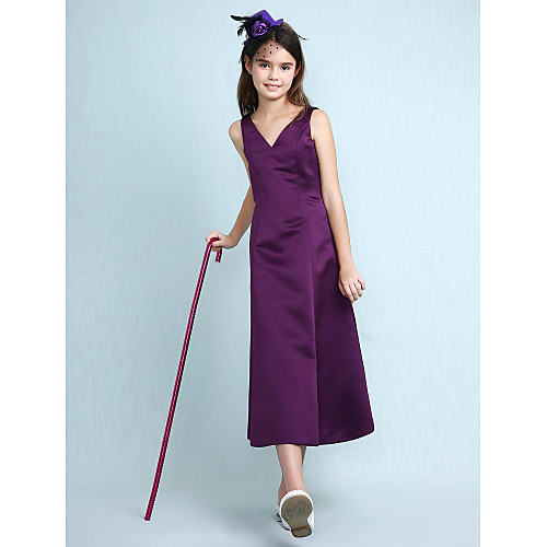 

Princess / A-Line V Neck Knee Length Satin Junior Bridesmaid Dress with Pleats / Spring / Summer / Fall / Apple / Hourglass