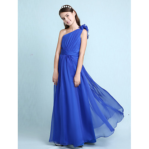 

A-Line / Princess One Shoulder Floor Length Chiffon Junior Bridesmaid Dress with Sash / Ribbon / Side Draping / Ruffles / Spring / Fall / Winter / Wedding Party / Natural