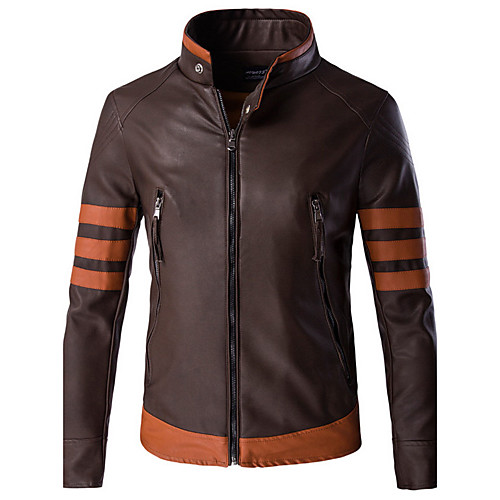 

Men's Leather Jackets Color Block Patchwork Sophisticated Fall Jacket Regular Weekend Long Sleeve PU Coat Tops Brown