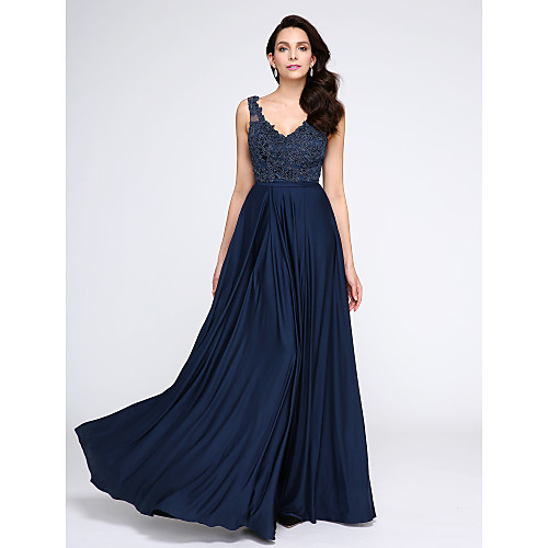 

A-Line Open Back Formal Evening Dress V Neck Sleeveless Floor Length Tulle Jersey Lace Bodice with Appliques 2021
