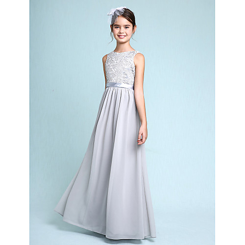 

Sheath / Column Bateau Neck Floor Length Chiffon / Lace Junior Bridesmaid Dress with Lace