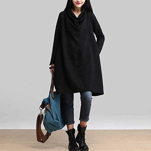 

Women's Loose Knee Length Dress Wine Black Gray Long Sleeve Solid Colored Fall Winter Cowl Neck Cotton M L XL XXL