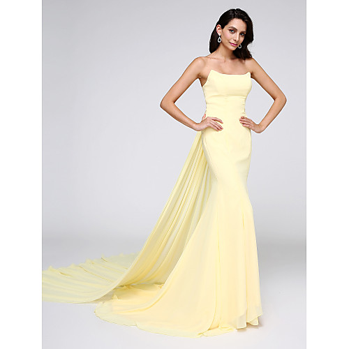 

Mermaid / Trumpet Elegant Holiday Cocktail Party Formal Evening Dress Strapless Sleeveless Watteau Train Chiffon with Pleats 2021