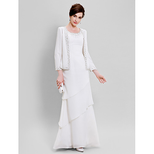 

Sheath / Column Mother of the Bride Dress Wrap Included Scoop Neck Floor Length Chiffon Long Sleeve with Beading 2021