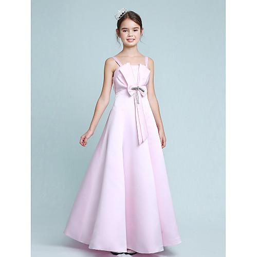 

Princess / A-Line Spaghetti Strap Floor Length Stretch Satin Junior Bridesmaid Dress with Bow(s) / Beading / Empire / Spring / Summer / Fall / Winter